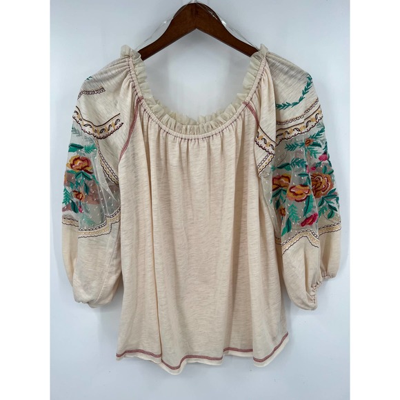 umgee cream and floral sleeves oversized boho shirt blouse top size large - Picture 1 of 8